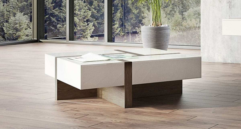 Modern White and Walnut Square Coffee Table with Storage - Homeroots - Flyclothing LLC