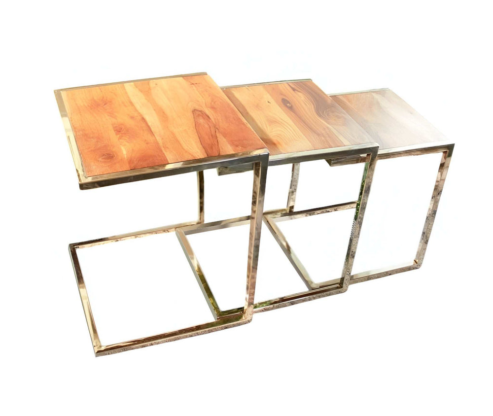 Set of Three Stylish Wood and Metal C Shaped Nesting End Tables - Homeroots - Flyclothing LLC