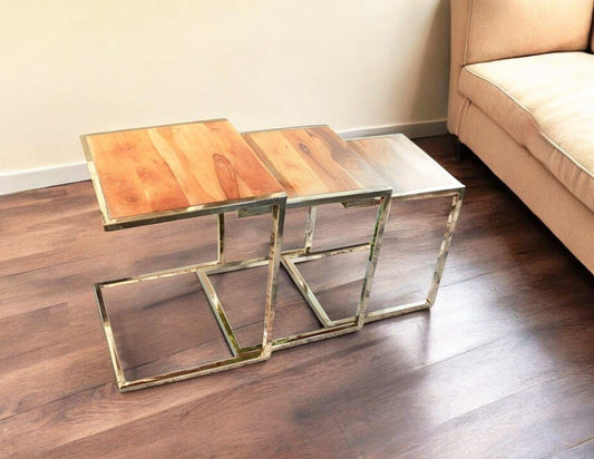 Set of Three Stylish Wood and Metal C Shaped Nesting End Tables - Homeroots - Flyclothing LLC