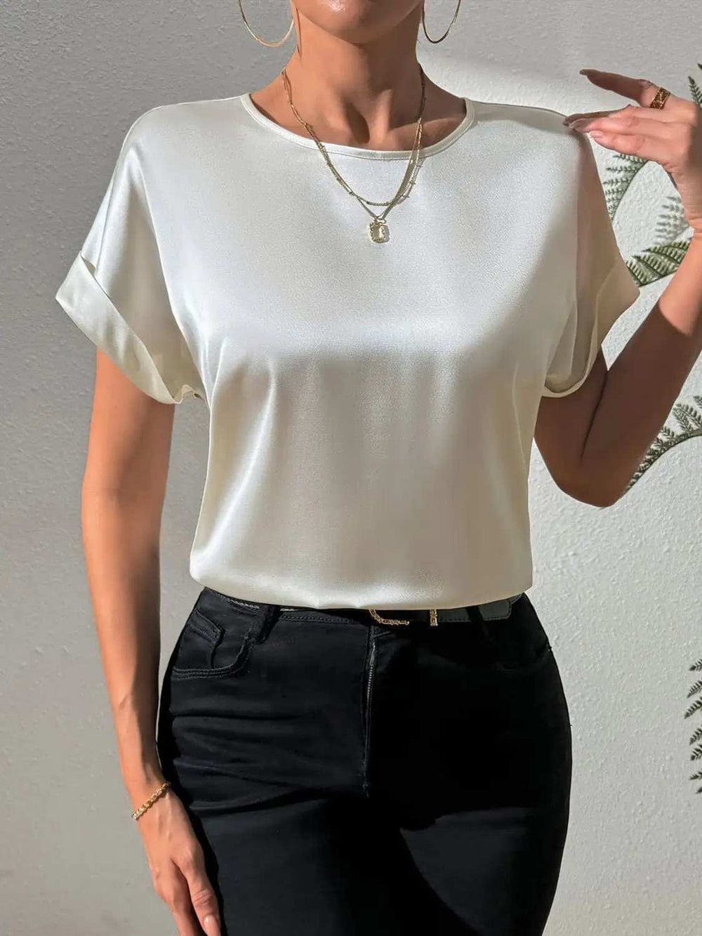 Round Neck Short Sleeve Blouse - Trendsi - Flyclothing LLC