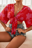 Printed Plunge Half Sleeve Blouse - Trendsi