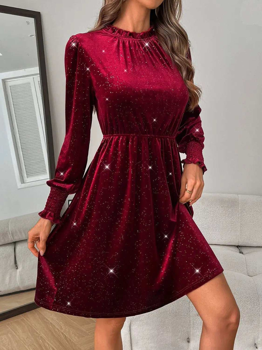 Glitter Mock Neck Long Sleeve Mini Dress - Trendsi - Flyclothing LLC