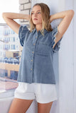 Mittoshop Washed Denim Ruffle Short Sleeve Collared Shirt - Trendsi