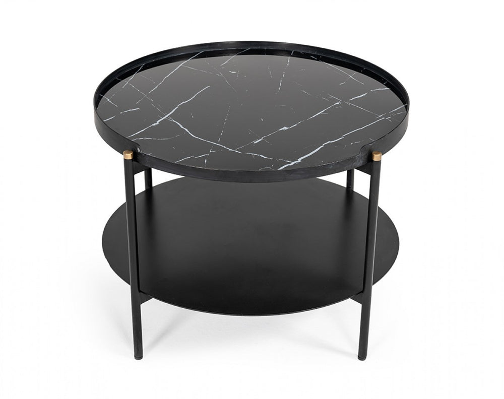 Modern Black Marble Painted Round Metal Coffee Table - Homeroots