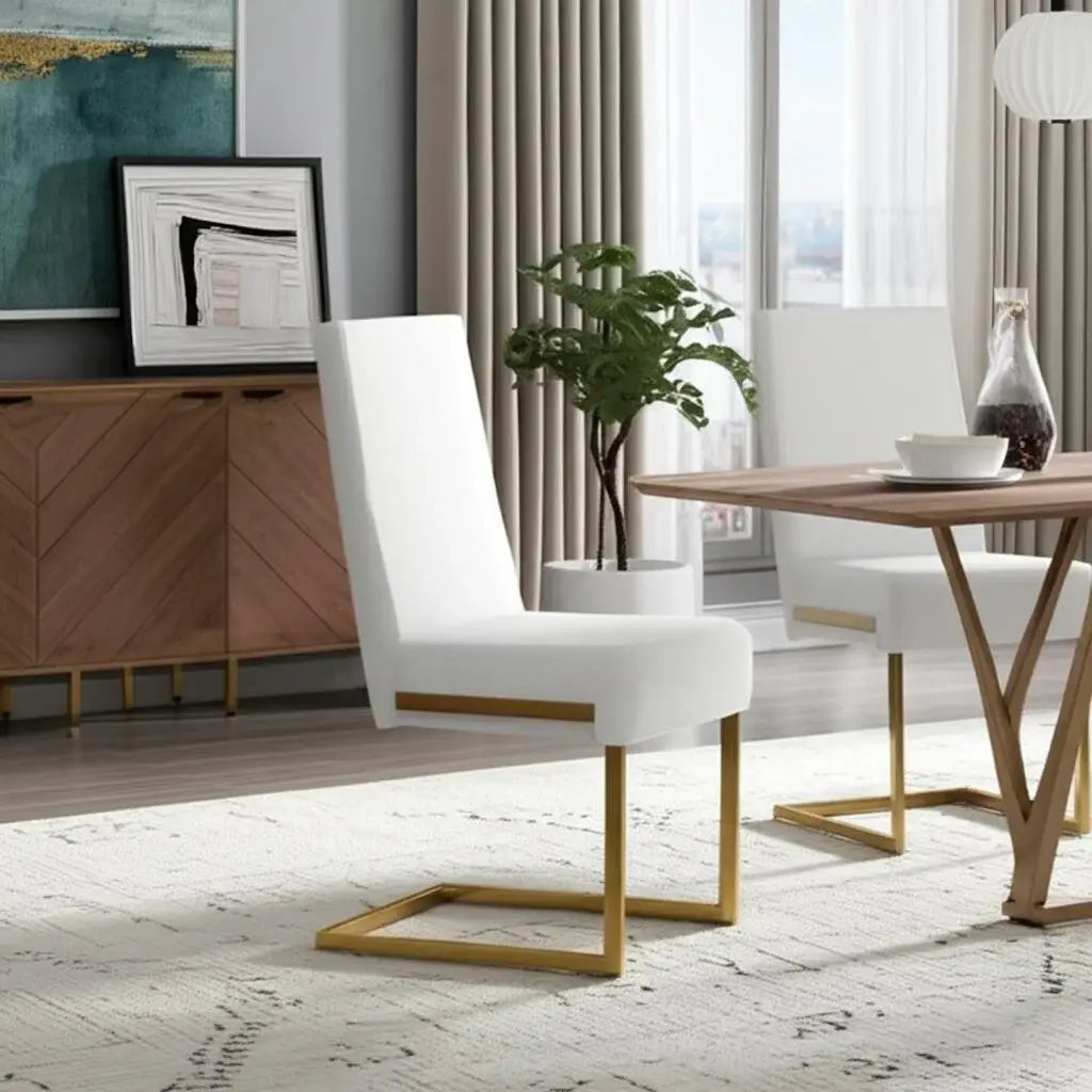 Set of Two White Gold Modern Dining Chairs - Homeroots - Flyclothing LLC