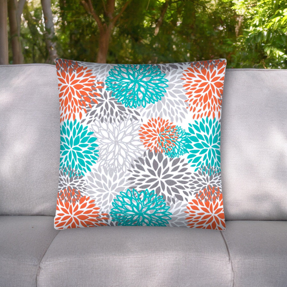 17" White Gray and Teal Floral Indoor Outdoor Throw Pillow Cover - Homeroots