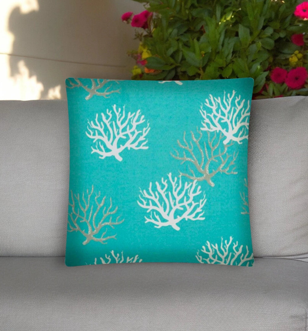17" Aqua Gray and White Coral Indoor Outdoor Throw Pillow Cover - Homeroots