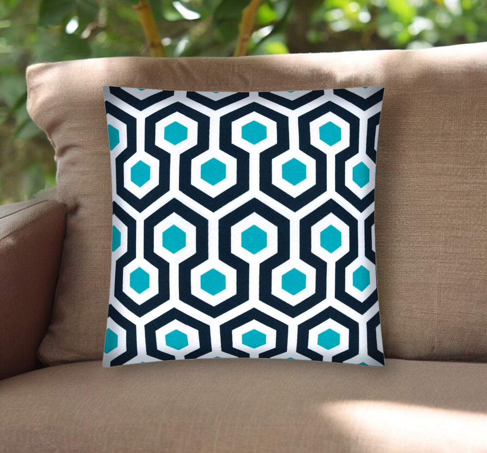 17" Aqua Navy and White Geometric Indoor Outdoor Throw Pillow Cover - Homeroots