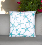 17" Turquoise and White Starfish Indoor Outdoor Throw Pillow Cover - Homeroots
