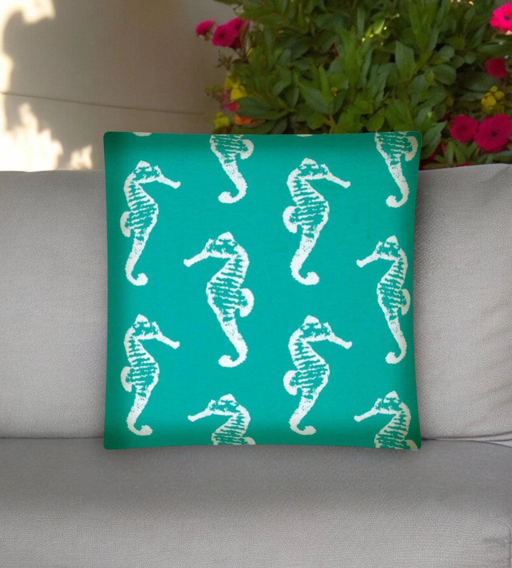 17" Turquoise and White Seahorse Coastal Indoor Outdoor Throw Pillow Cover - Homeroots