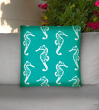 17" Turquoise and White Seahorse Coastal Indoor Outdoor Throw Pillow Cover - Homeroots