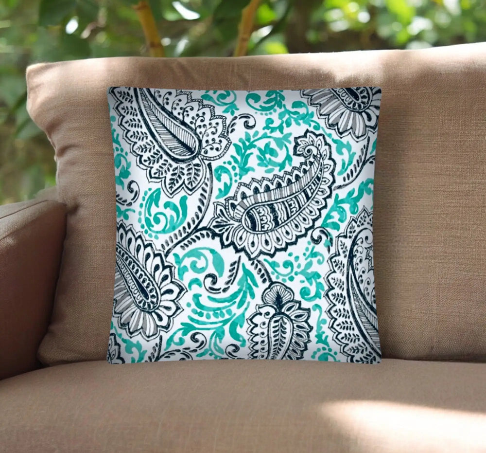 17" Turquoise Navy and White Paisley Indoor Outdoor Throw Pillow Cover - Homeroots