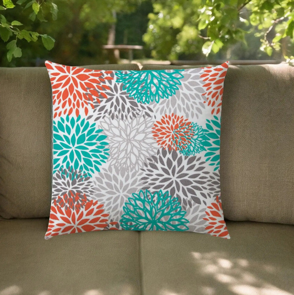 20" Gray Orange and White Floral Indoor Outdoor Throw Pillow Cover - Homeroots