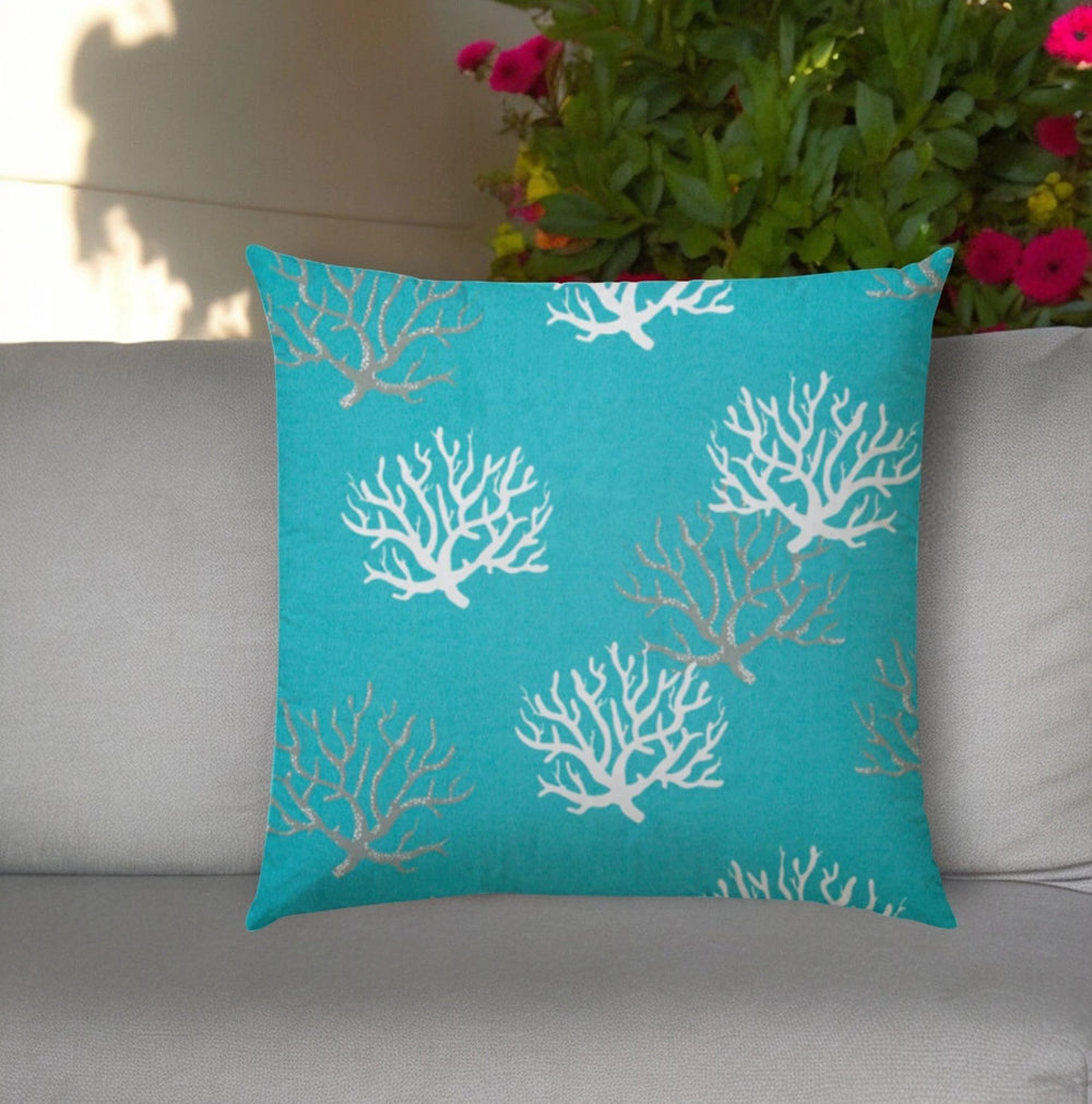 20" Aqua Gray and White Coral Indoor Outdoor Throw Pillow Cover - Homeroots