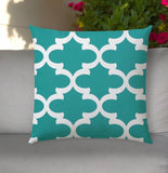 20" Turquoise and White Quatrefoil Indoor Outdoor Throw Pillow Cover - Homeroots