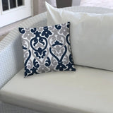 20" Navy Gray and White Damask Indoor Outdoor Throw Pillow Cover - Homeroots