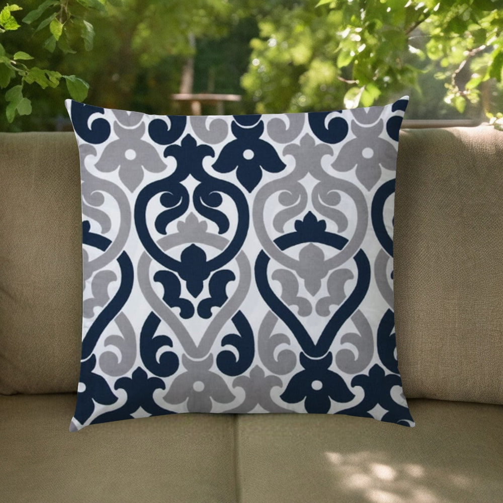 20" Navy Gray and White Damask Indoor Outdoor Throw Pillow Cover - Homeroots