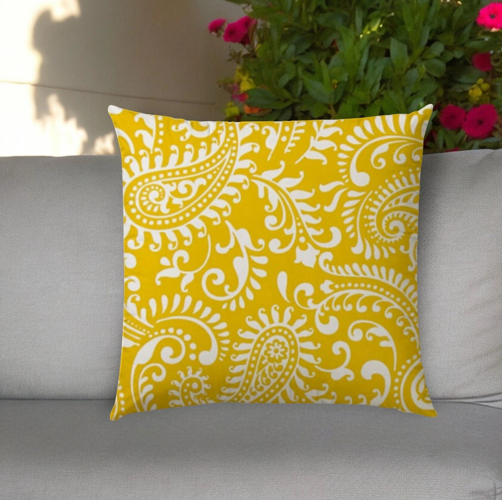 20" Yellow and White Paisley Indoor Outdoor Throw Pillow Cover - Homeroots