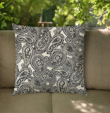 20" Gray Black and Cream Paisley Indoor Outdoor Throw Pillow Cover