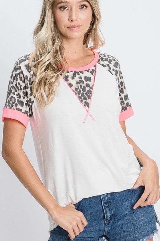 HeimishFull Size Leopard Round Neck Short Sleeve T-Shirt with Stitch Plus Size - Trendsi - Flyclothing LLC