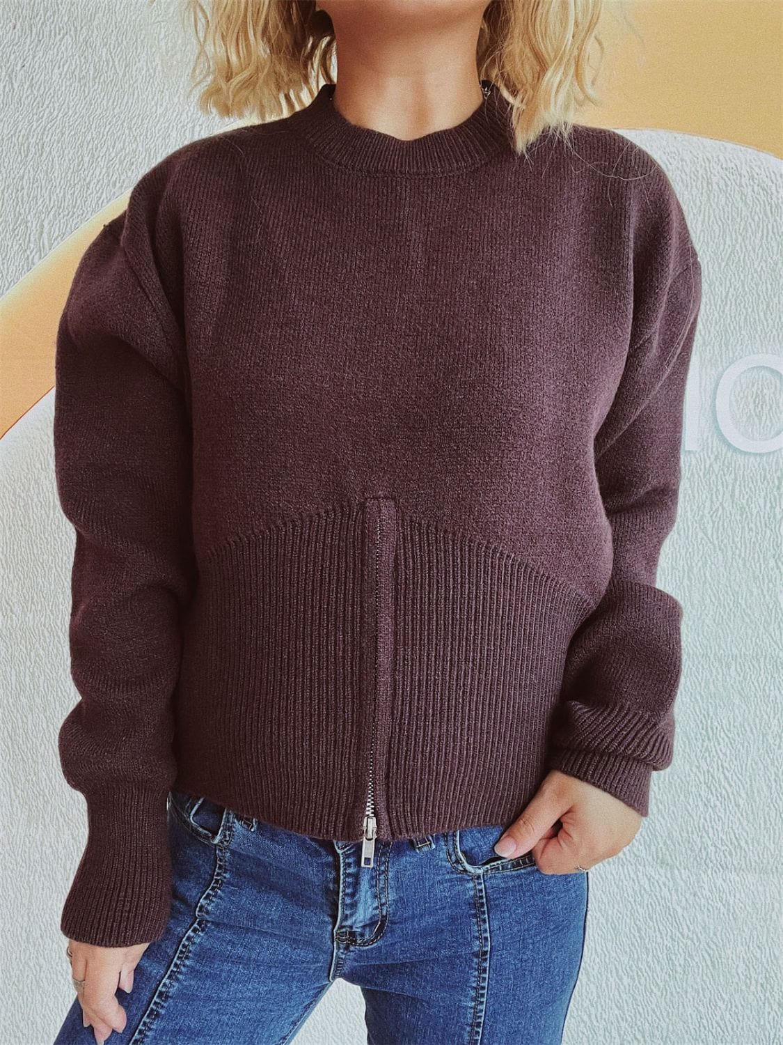 Round Neck Half Zip Long Sleeve Sweater - Trendsi