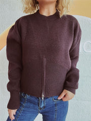 Round Neck Half Zip Long Sleeve Sweater - Trendsi