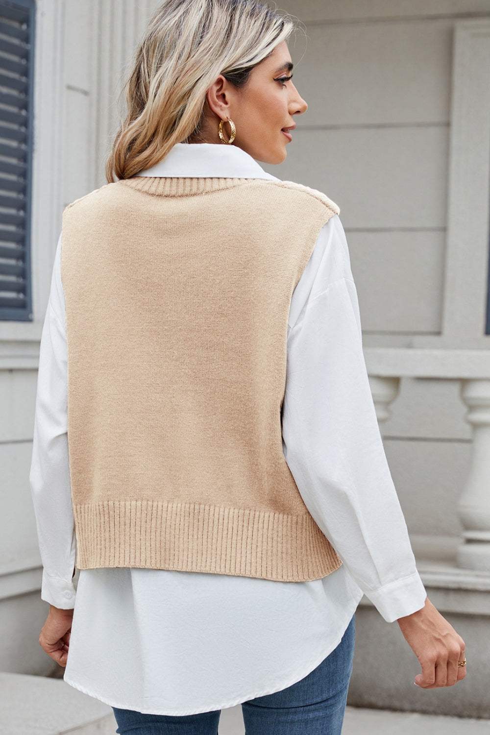 Cable-Knit V-Neck Sweater Vest - Trendsi - Flyclothing LLC