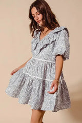 SO ME Cotton Printed Ruffle V Neckline Dress with Side Tie - Trendsi - Flyclothing LLC