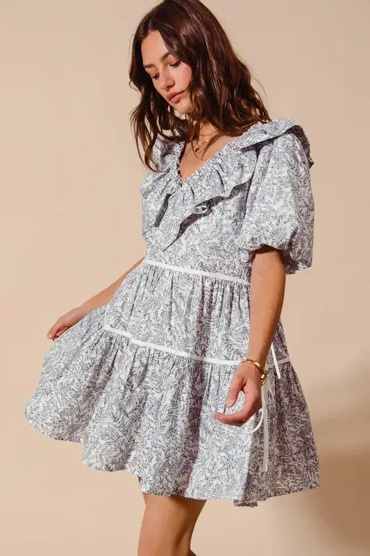 SO ME Cotton Printed Ruffle V Neckline Dress with Side Tie - Trendsi - Flyclothing LLC