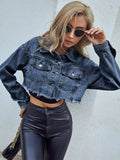 Distressed Raw Hem Cropped Denim Jacket - Trendsi - Flyclothing LLC