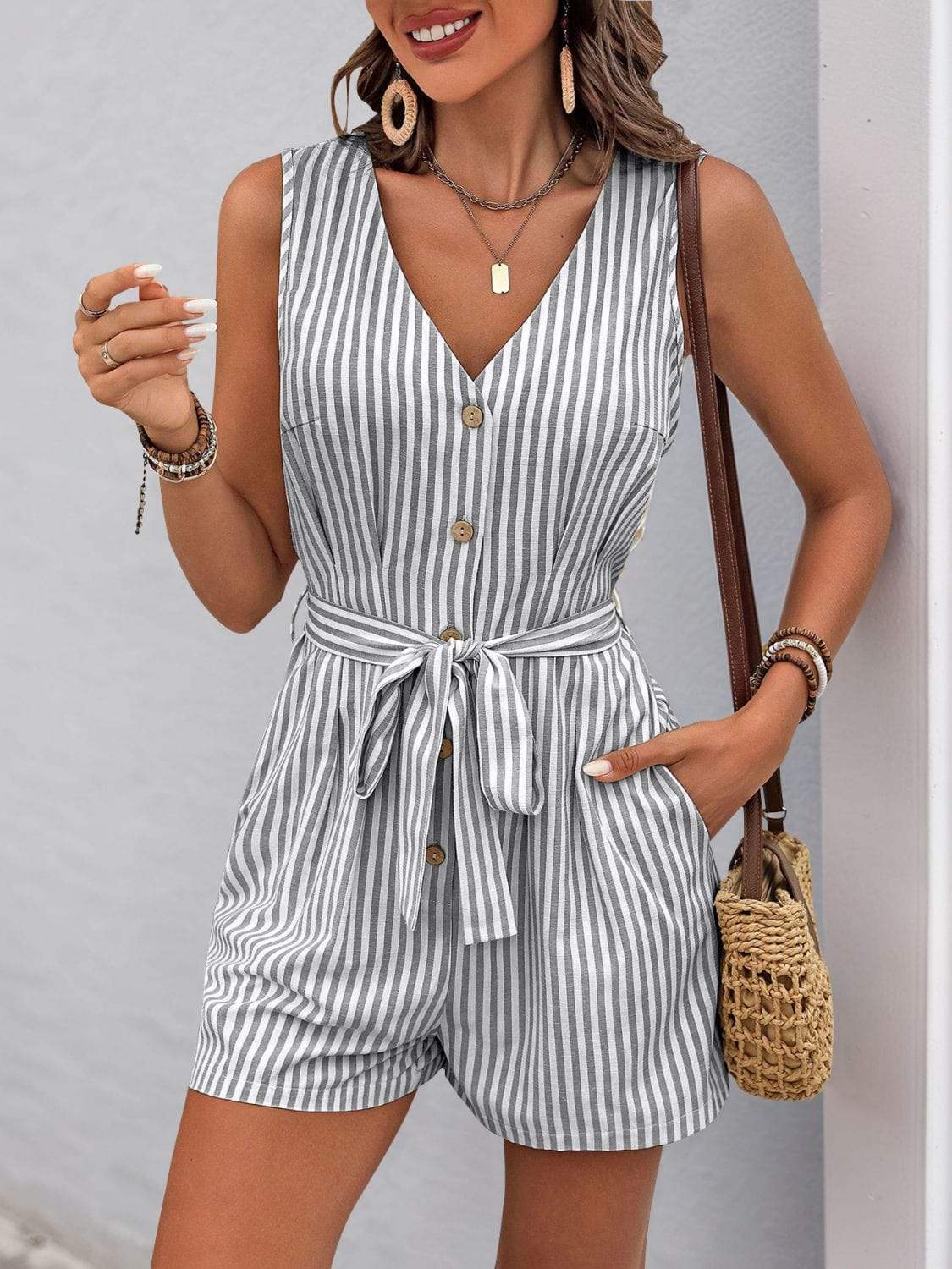 Perfee Striped V-Neck Tie Waist Romper - Trendsi - Flyclothing LLC
