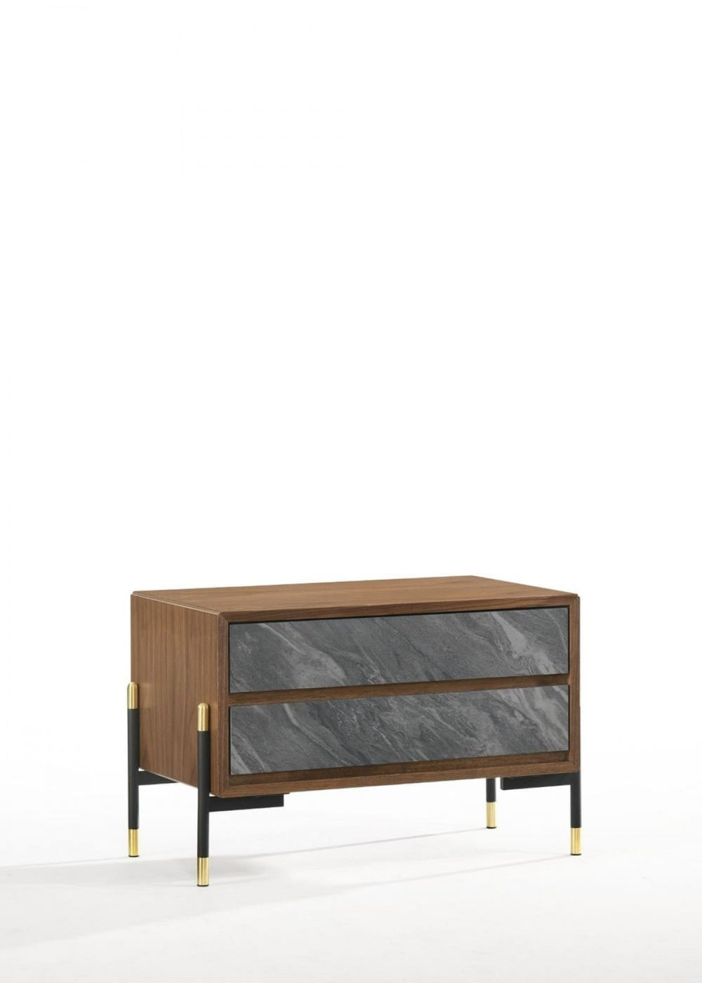 Mid Century Walnut and Gray Faux Marble Two Drawer Nightstand - Homeroots