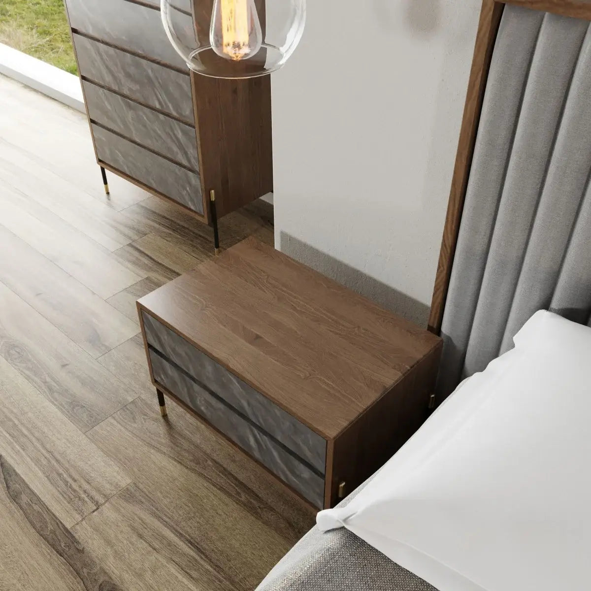 Mid Century Walnut and Gray Faux Marble Two Drawer Nightstand - Homeroots - Flyclothing LLC