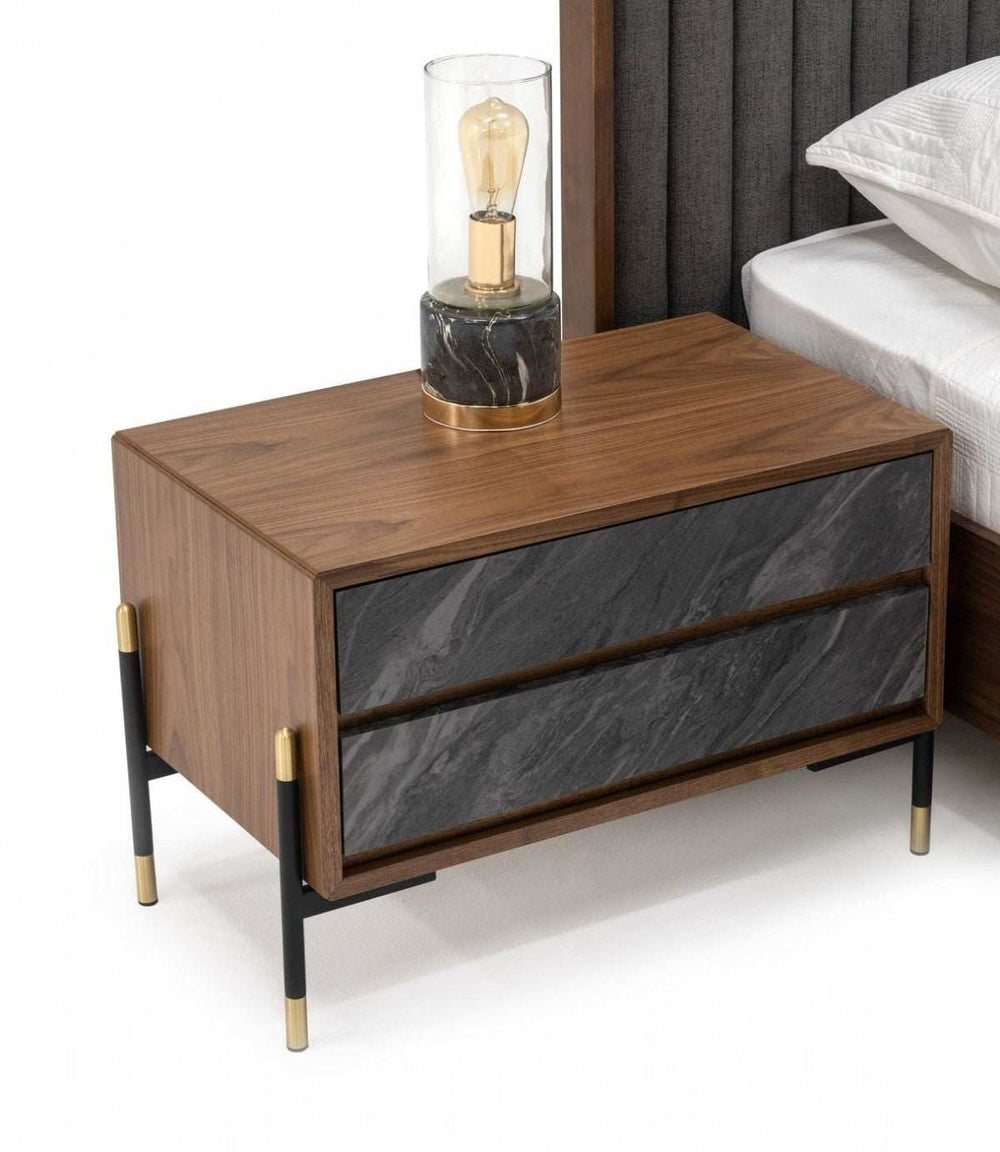 Mid Century Walnut and Gray Faux Marble Two Drawer Nightstand - Homeroots - Flyclothing LLC