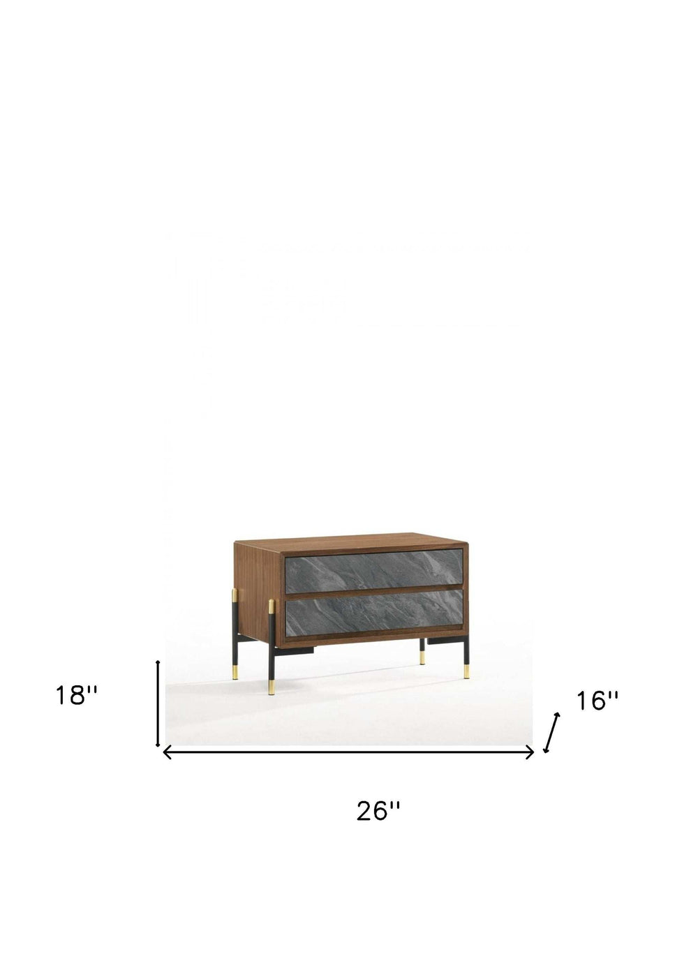 Mid Century Walnut and Gray Faux Marble Two Drawer Nightstand - Homeroots - Flyclothing LLC