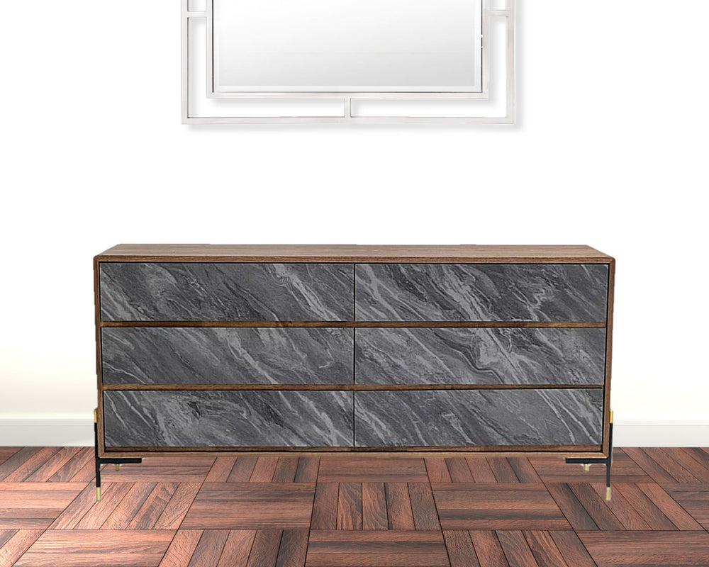 63" Walnut And Grey Faux Marble Wood Six Drawer Double Dresser - Homeroots - Flyclothing LLC