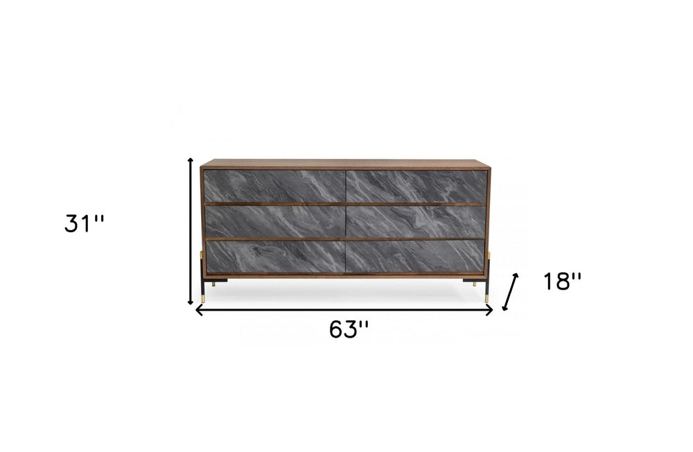 63" Walnut And Grey Faux Marble Wood Six Drawer Double Dresser - Homeroots - Flyclothing LLC