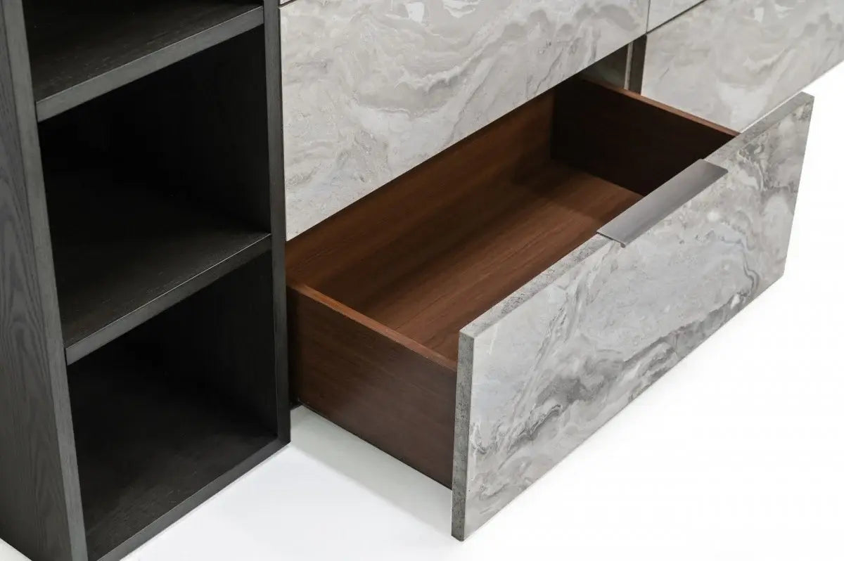 63" Grey Faux Marble and Black Wood Six Drawer Double Dresser - Homeroots - Flyclothing LLC