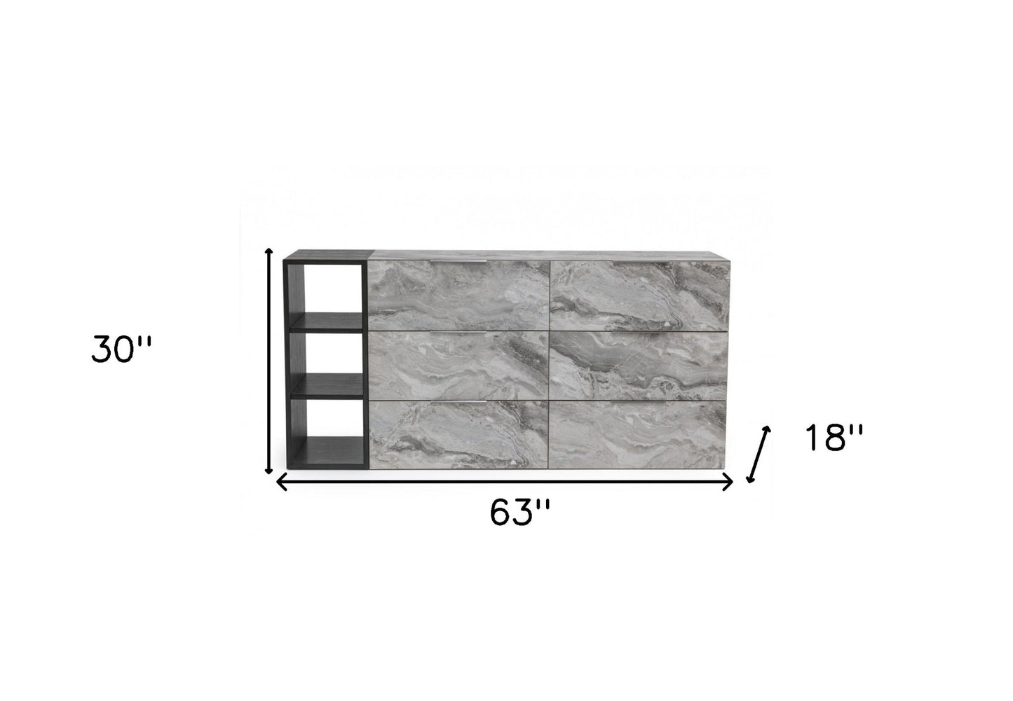 63" Grey Faux Marble and Black Wood Six Drawer Double Dresser - Homeroots - Flyclothing LLC