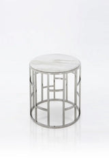 Stylish Silver And White Marble Round Geometric End or Side Table - Homeroots - Flyclothing LLC