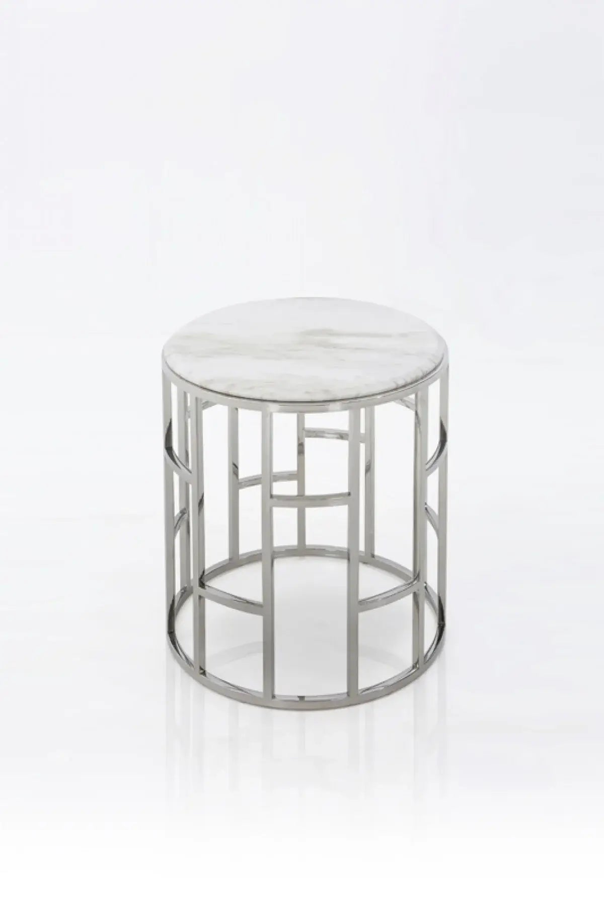 Stylish Silver And White Marble Round Geometric End or Side Table - Homeroots - Flyclothing LLC