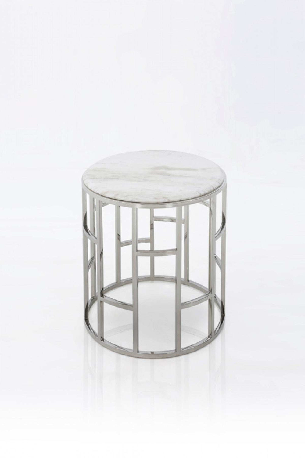 Stylish Silver And White Marble Round Geometric End or Side Table - Homeroots - Flyclothing LLC