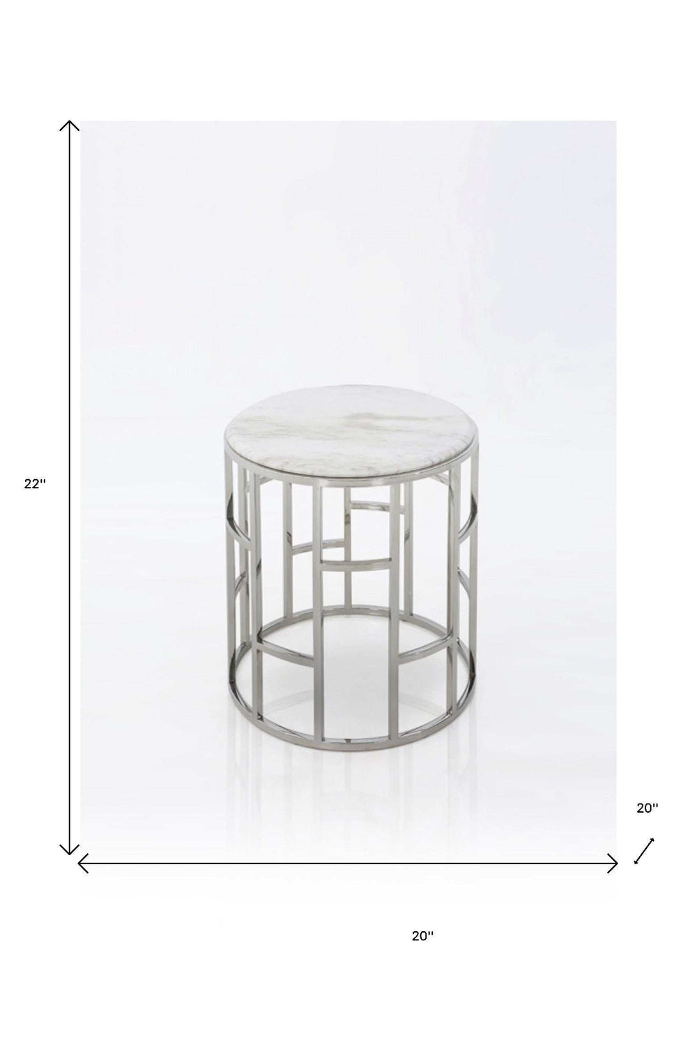 Stylish Silver And White Marble Round Geometric End or Side Table - Homeroots - Flyclothing LLC