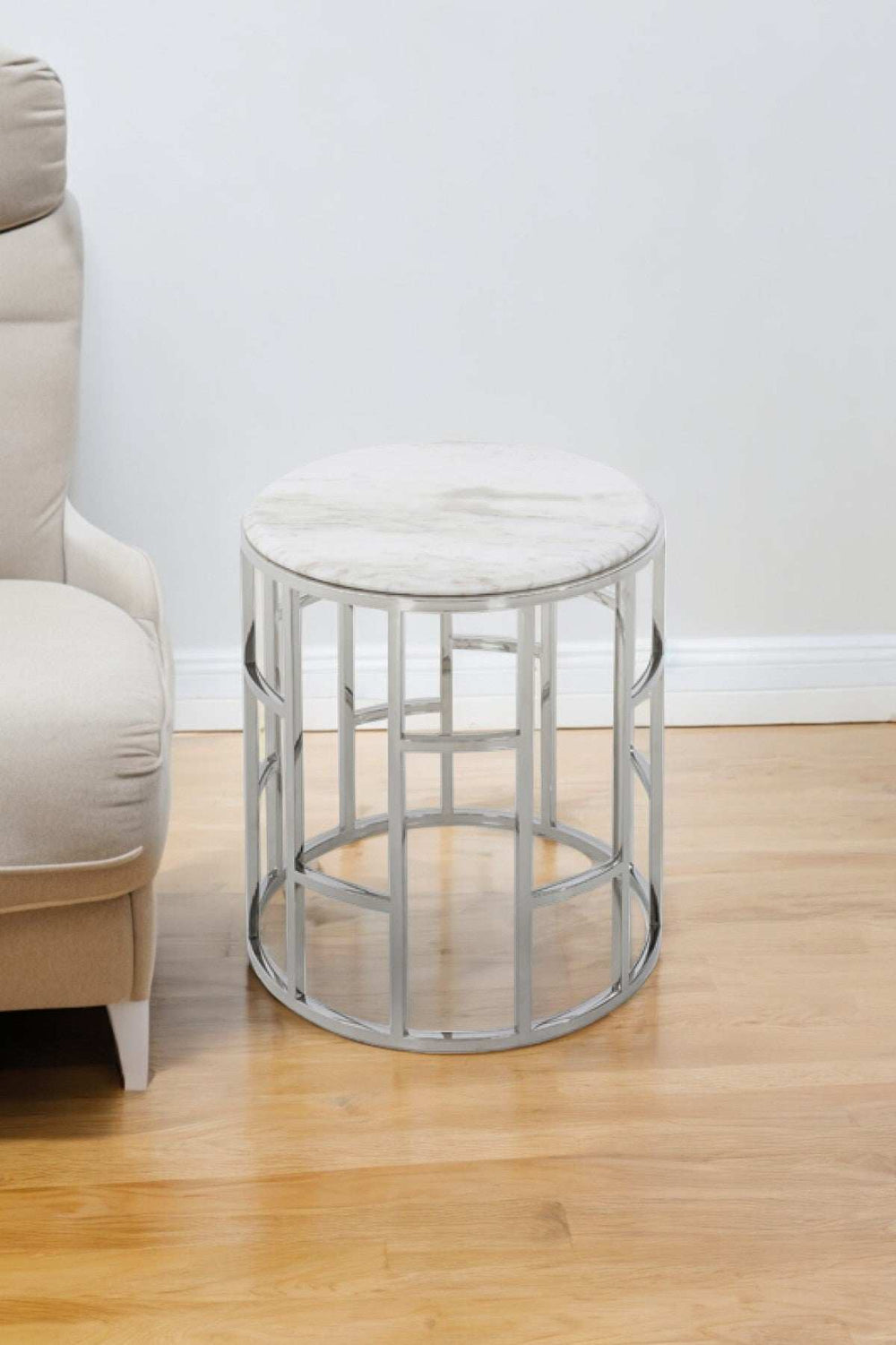 Stylish Silver And White Marble Round Geometric End or Side Table - Homeroots - Flyclothing LLC