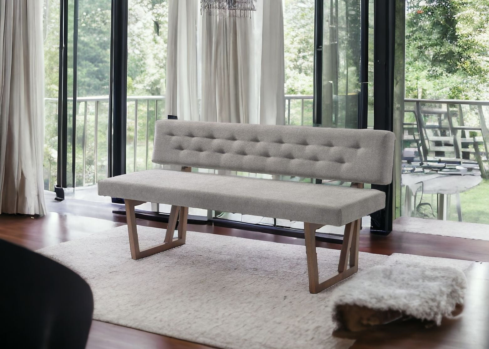 63" Gray and Brown Upholstered Linen Blend Dining Bench - Homeroots - Flyclothing LLC