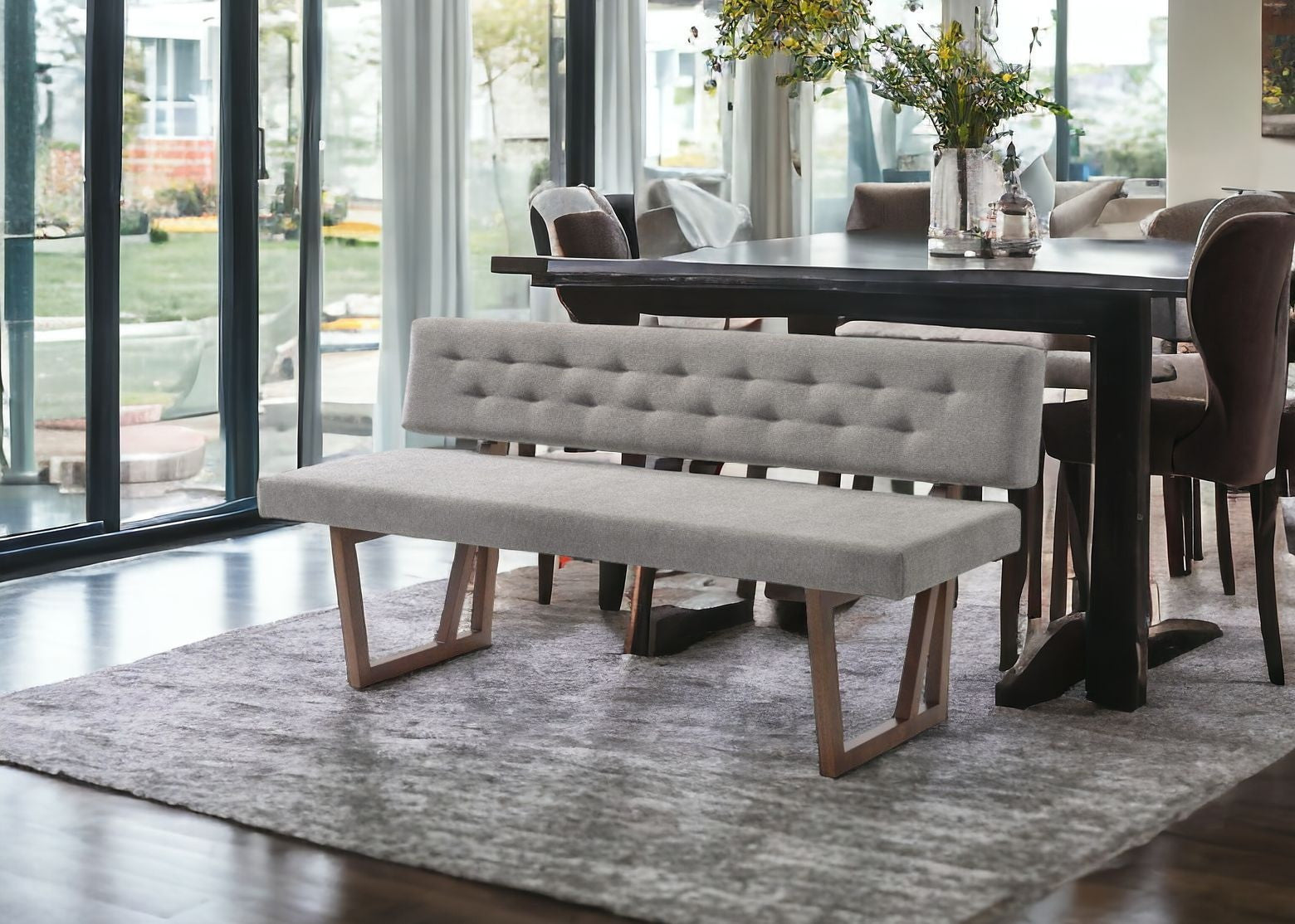 63" Gray and Brown Upholstered Linen Blend Dining Bench - Homeroots - Flyclothing LLC