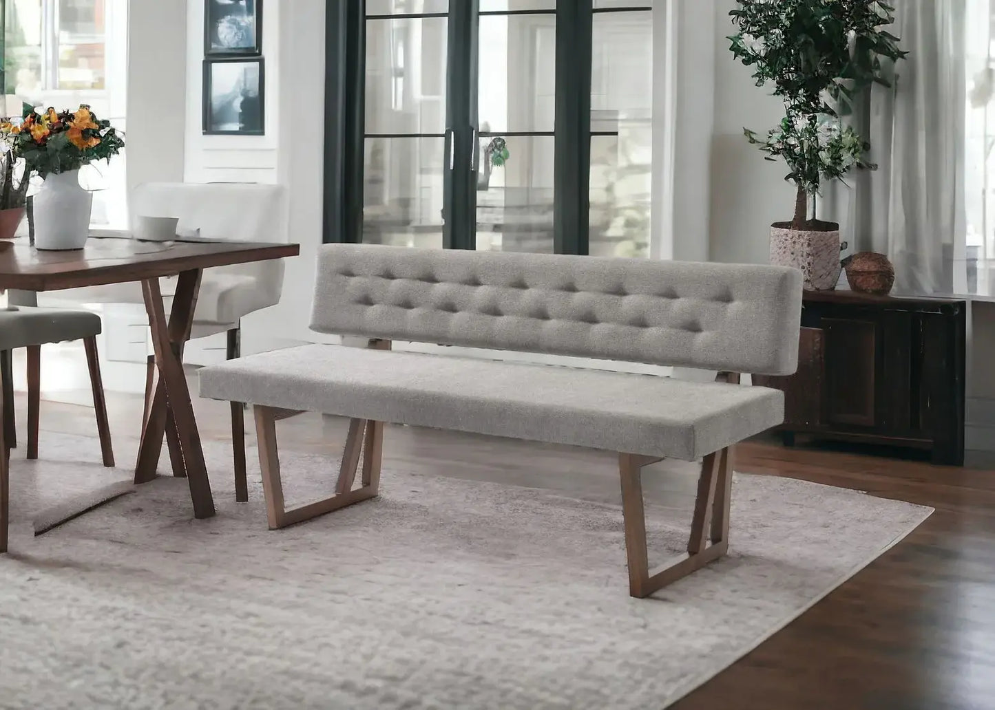 63" Gray and Brown Upholstered Linen Blend Dining Bench - Homeroots - Flyclothing LLC