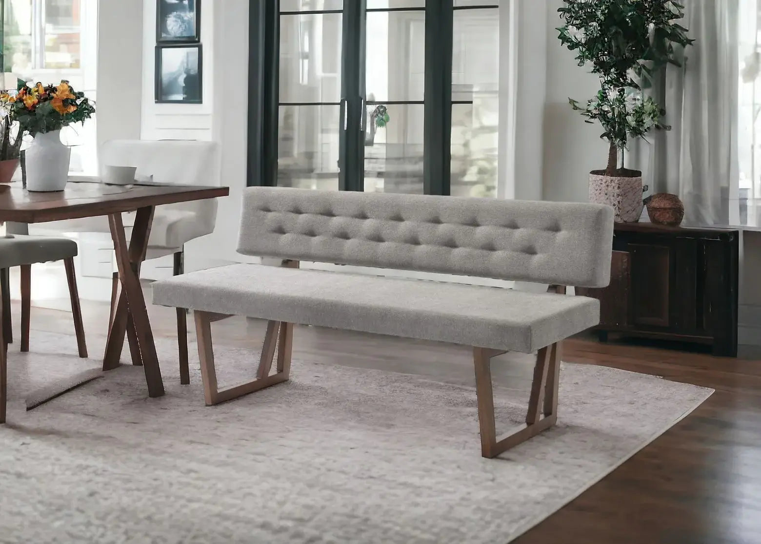63" Gray and Brown Upholstered Linen Blend Dining Bench - Homeroots - Flyclothing LLC