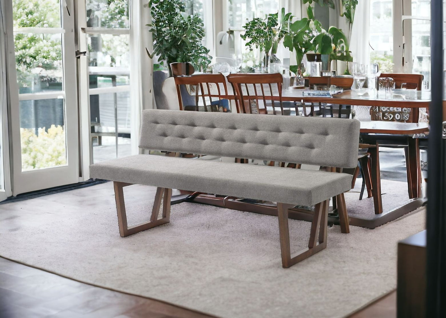 63" Gray and Brown Upholstered Linen Blend Dining Bench - Homeroots - Flyclothing LLC