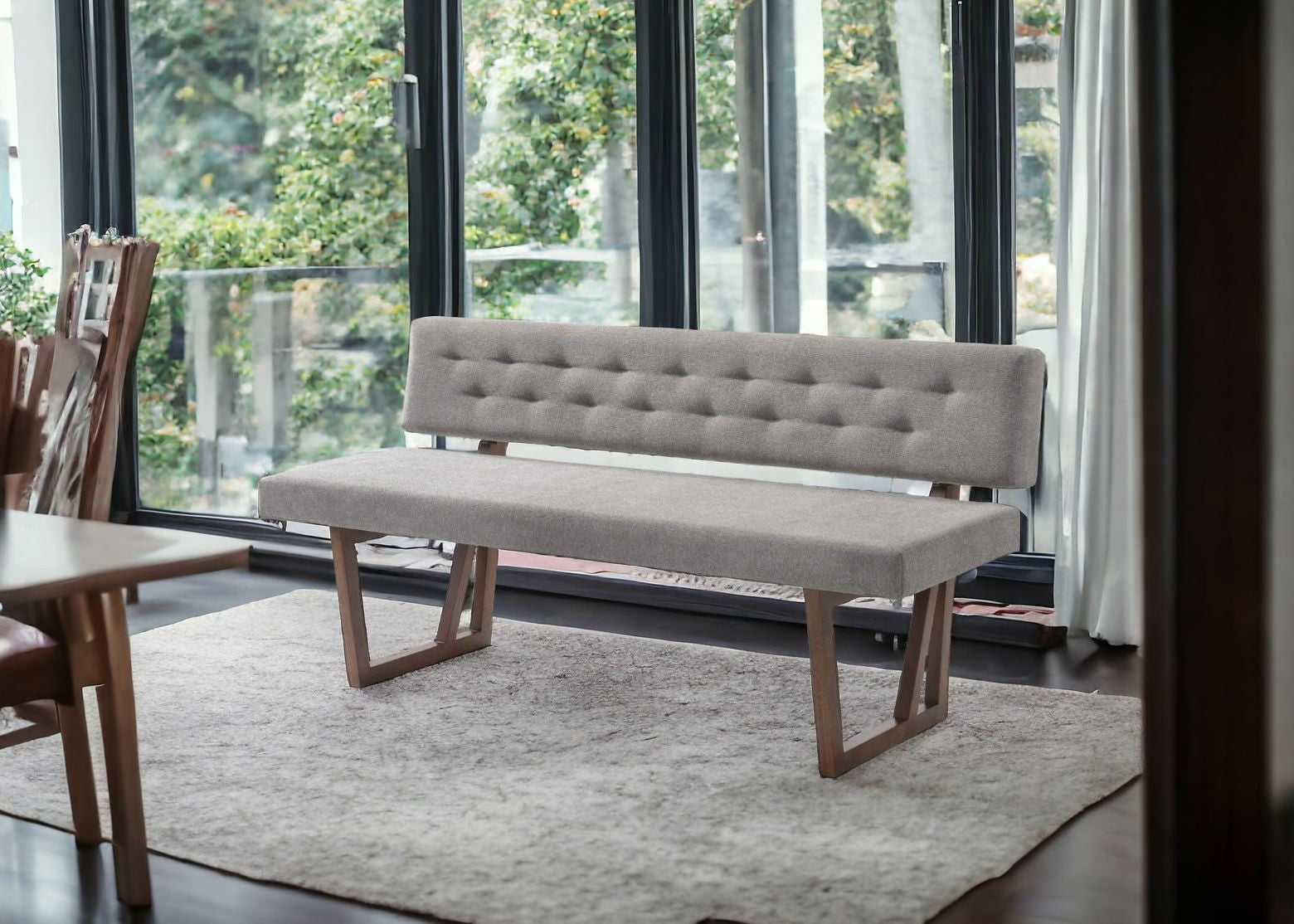 63" Gray and Brown Upholstered Linen Blend Dining Bench - Homeroots - Flyclothing LLC